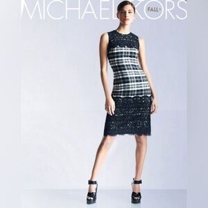 Michael Kors Collection - Elegant Black & White Plaid Dress w Lace Panels - sz 8